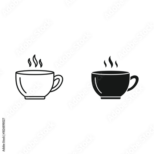 Two steaming coffee cups one outlined and one solid black silhouette