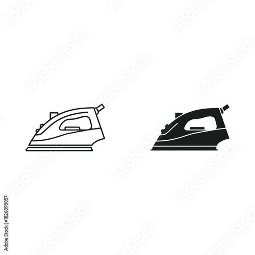 Two simple line art and silhouette illustrations of a modern clothes iron