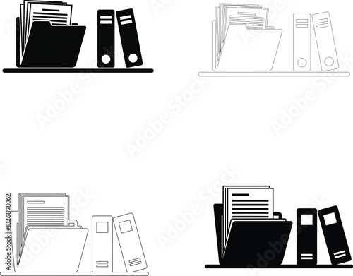 Office File Folders and Ring Binders Vector Icon Set – Document Archive and Data Storage Symbols