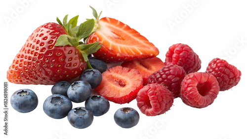 Fresh mixed berries with strawberry, raspberry, and blueberry cut out isolated on white background. AI GENERATED.