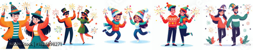 vector couple playing fireworks new year celebration