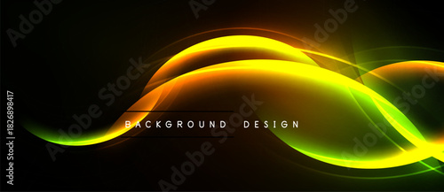 Abstract vibrant lines create flowing shapes. Yellow, orange, green hues contrast against dark background. Modern design element.
