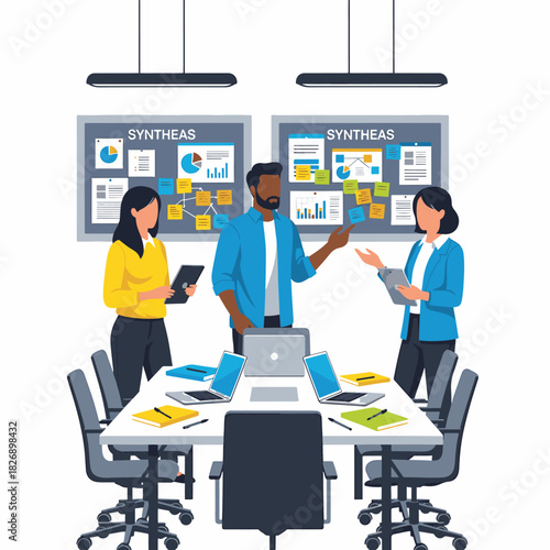 Team members collaborating around a table during a brainstorming session in a modern office space