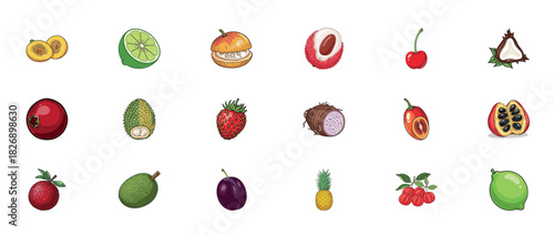 Assorted exotic fruits collection including limes, cherries, and avocado on white background