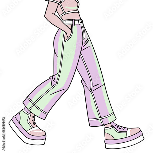 Fashionable person in pastel striped pants and platform sneakers