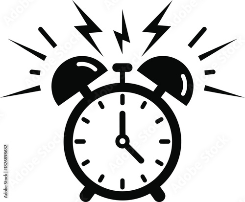 Ringing alarm clock icon with sound waves and bell ringing. time to wake up, deadline, morning, schedule, urgency concept. black simple symbol.