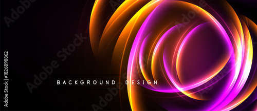 Abstract vibrant swirls, orange, purple hues dominate. Dark background emphasizes glowing circular design elements. Modern aesthetic.