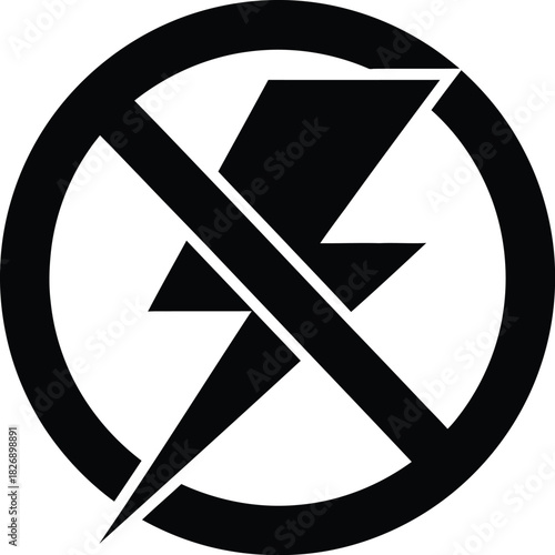 No power symbol or flash forbidden icon, black vector illustration of a lightning bolt inside a crossed-out circle on white background