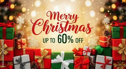 Christmas sale with gifts and snowflakes, up to sixty percent off