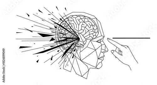 A conceptual illustration depicts a human brain exploding with creative ideas, triggered by a finger's touch, symbolizing innovation and thought processes.