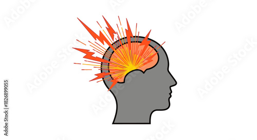 A graphic illustration depicts a human head silhouette with a brain exploding with energy, symbolizing stress, headache, or mental strain.