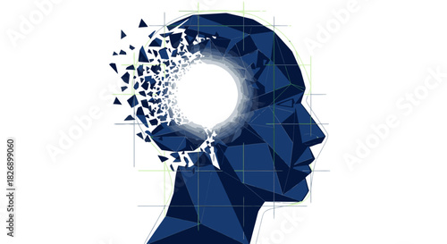 A conceptual illustration depicts a human head with a fragmented design, symbolizing ideas, innovation, and mental processes against a white background.