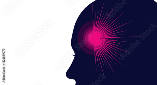 A silhouette of a human head with a glowing pink light emanating from the brain, symbolizing concepts such as headache, mental health, and pain.