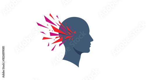 A creative illustration depicting a human head silhouette with an explosion of colorful fragments, symbolizing thoughts and ideas.