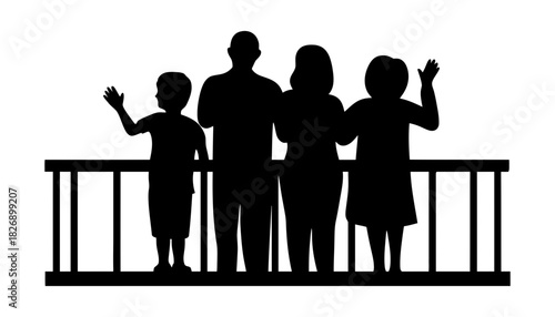 Silhouette of family waving on a balcony against a white background
