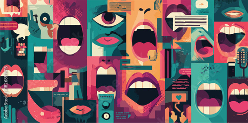 Colagem vibrante de bocas abertas e olhos expressivos em estilo gráfico abstrato, representando comunicação e voz.