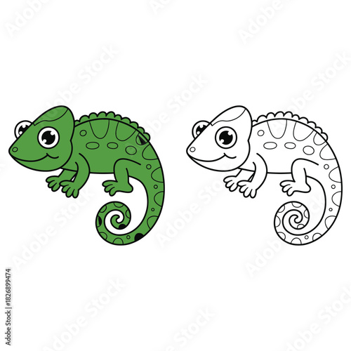 Color and Line Art Chameleon Cartoon Set