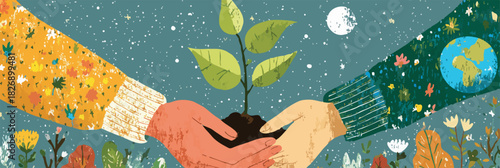 Mãos unidas seguram muda de planta com terra, simbolizando cuidado com a Terra e sustentabilidade em vetor.