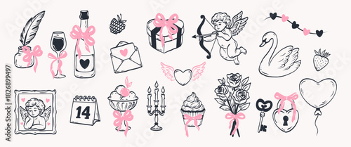 Сollection of hand drawn coquettish elements perfect for Valentine's Day, wedding invitations, or birthday cards. Cute girly bows,hearts, ribbons, champagne, strawberry. Vintage elegance vector.