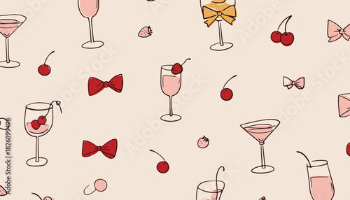 Padrão vetorial sem costura com taças de coquetel rosa, cerejas e laços decorativos em fundo bege claro.