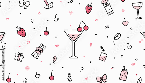 Vetor de fundo com coquetel de morango e cereja em estilo doodle minimalista, ideal para celebrações.