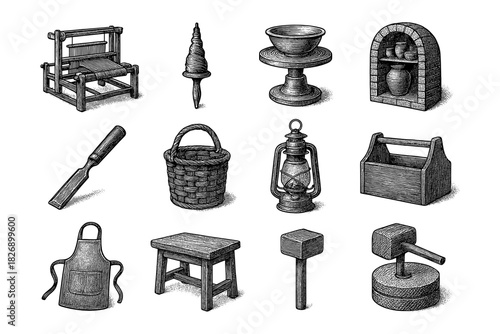 Vintage handcrafted tools and objects collection in antique engraving style