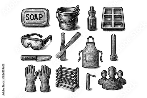 Vintage soap making tools in hand-drawn style