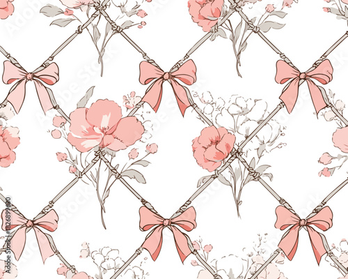 Padrão floral delicado com laços cor-de-rosa e treliça, ideal para design romântico e feminino.