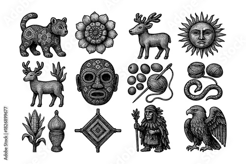 Vintage engraving style collection of symbolic animals and artifacts