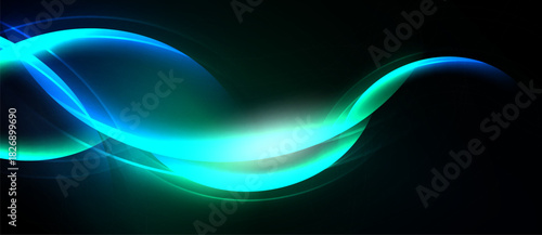 Abstract luminous waves, vibrant teal hues, dark background. Smooth curves create dynamic energy, glowing center point.