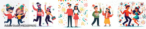 vector couple playing fireworks new year celebration