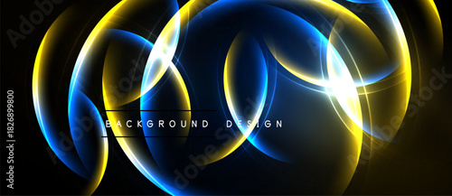 Abstract design features glowing lines, circles, curves. Blue, yellow, white illuminate dark background. Modern, dynamic composition.