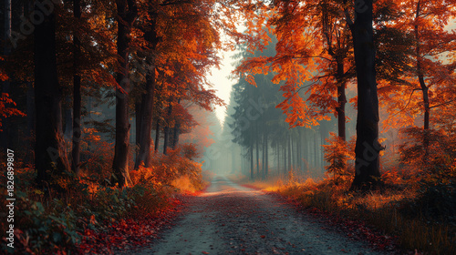 Autumn Forest Road with Orange Leaves and Morning Mist Landscape