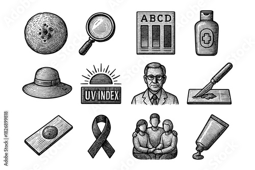 Vintage dermatology and skin protection icons set in engraved style
