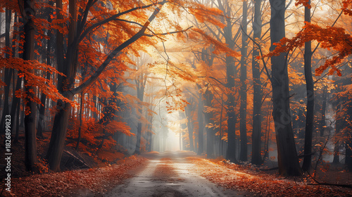 Autumn Forest Road with Orange Leaves and Morning Mist Landscape