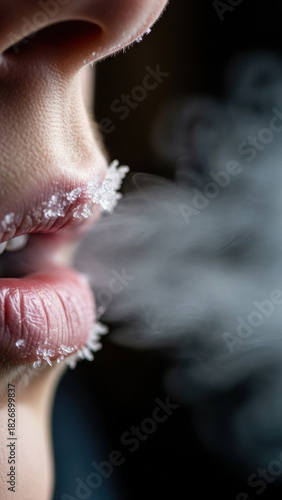 Close-up of lips with snowflakes cold air