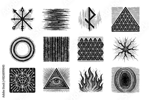 Intricate monochrome symbols: esoteric geometric designs and mystical patterns collection