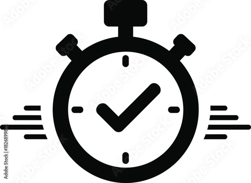 Efficient time management icon displaying a stopwatch with a checkmark and dynamic speed lines, symbolizing quick task completion, punctuality.