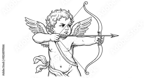Illustration of cupid drawing back an arrow with a bow and wings out