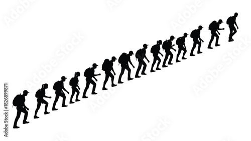 Silhouettes of hikers ascending uphill isolated on white background, Vector