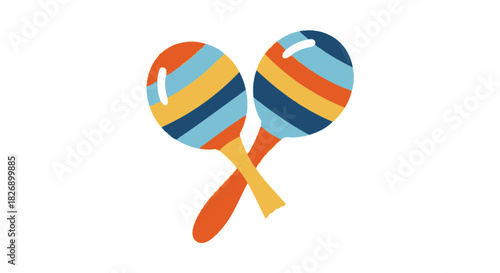 Illustration of two colorful striped maracas crossed on a white background