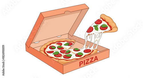 Cartoon pizza in a box with a slice being pulled showing stringy cheese