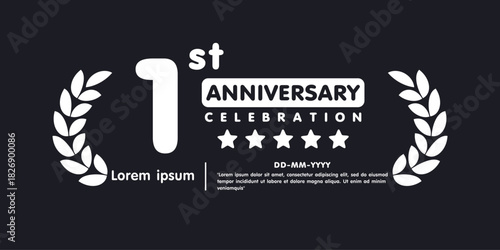 1st year anniversary celebration emblem. white anniversary award logo isolated with laurel wreath on black background. vector illustration template design for web banner