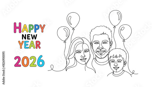 Continuous line drawing of family with balloons happy new year two zero two six