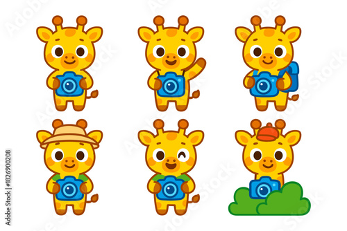 Cute cartoon giraffes with cameras in various outfits and poses