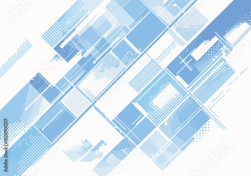 Fundo abstrato digital em tons de azul claro com formas geométricas transparentes e padrões tecnológicos modernos.