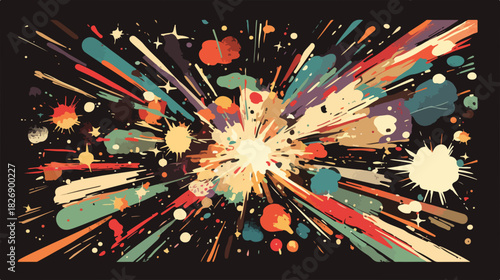 Explosão vibrante de cores e formas abstratas, representando criatividade e energia em um design gráfico dinâmico.