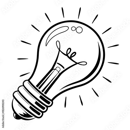 A simple black and white line drawing of a glowing light bulb with radiating lines symbolizing an idea or inspiration
