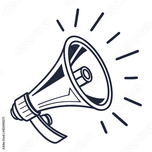 A simple black and white line drawing of a megaphone emitting sound waves symbolizing announcement notification or a call to attention