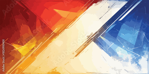 Abstrato dinâmico com cores vibrantes de vermelho, laranja, branco e azul, sugerindo energia e movimento.